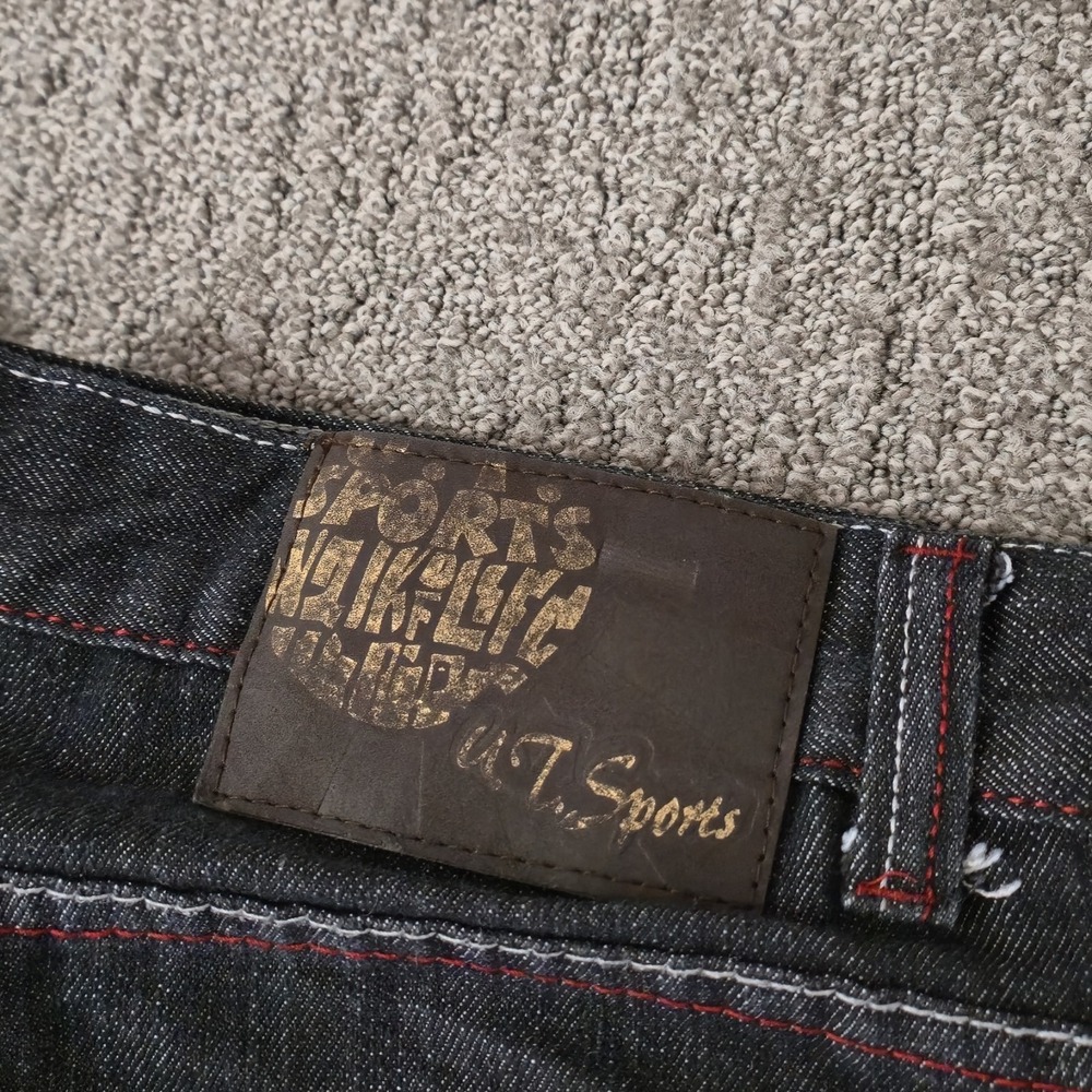 Vintage Skater Wide Leg Jeans 46x32 UT Sports Dark Wash Baggy Embroidered Y2K - Picture 3 of 9